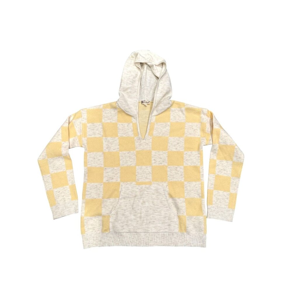 Hem & Thread Yellow Cream Checker Hooded Pull Over Sweater Large With Pocket